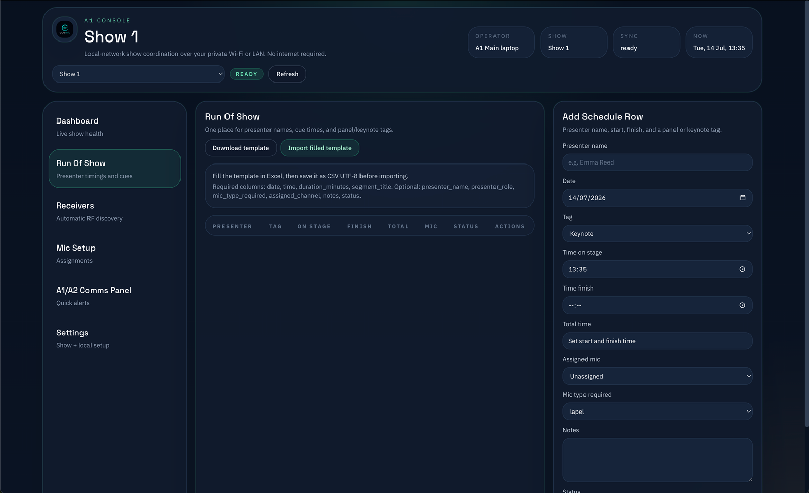 CueMic Host presenter and timeline view