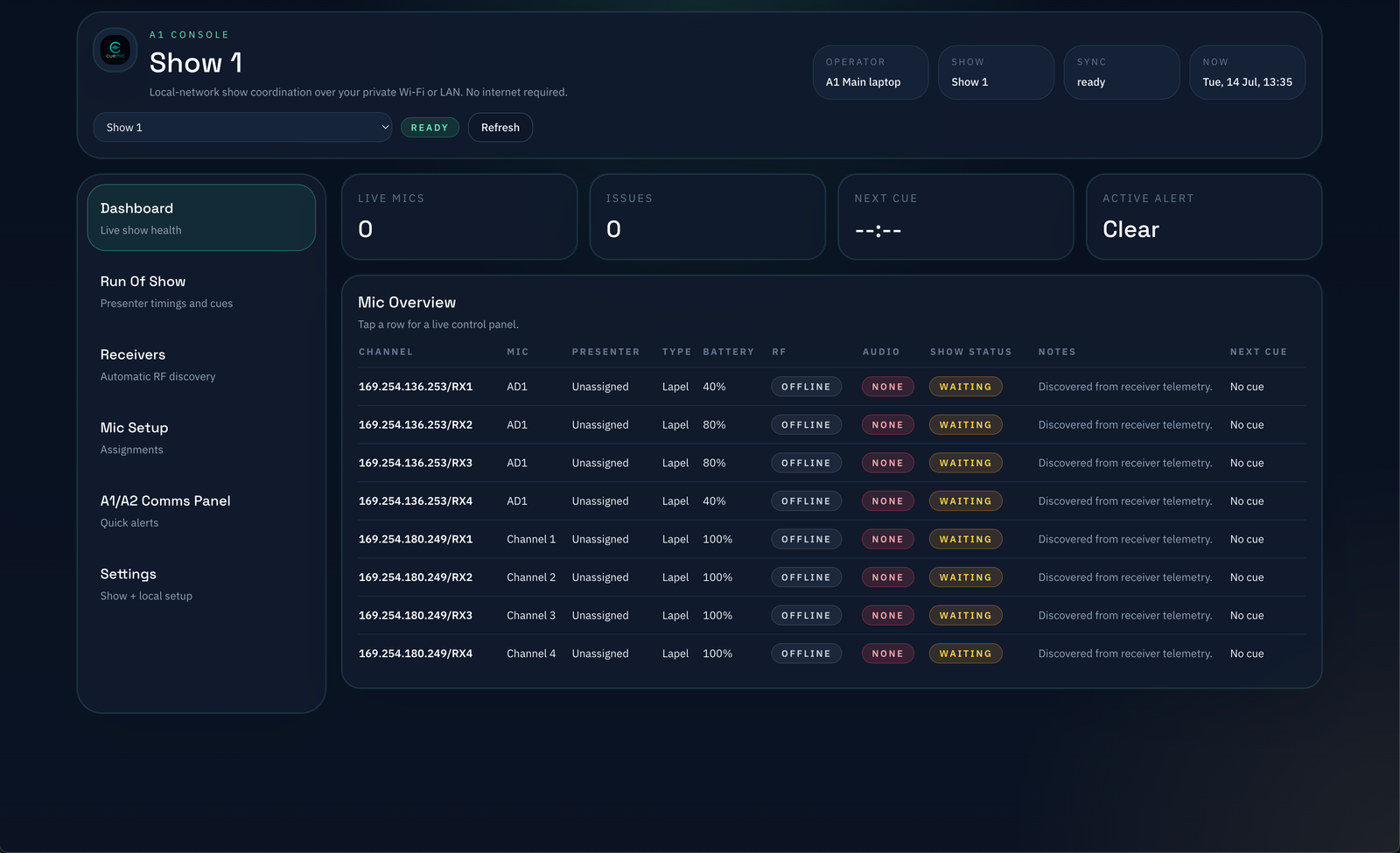 CueMic Host mic inventory and assignment view