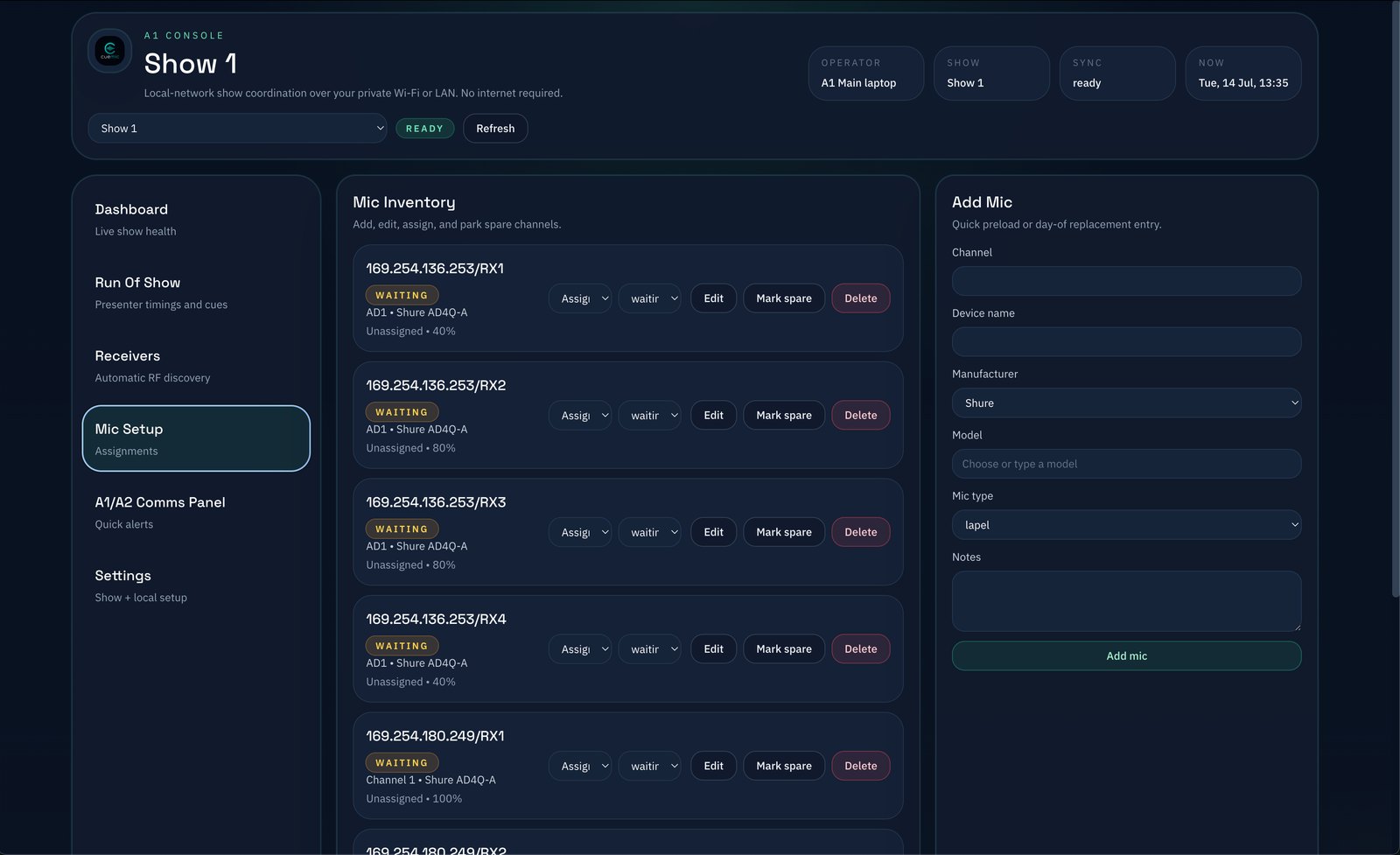 CueMic Host alerts and comms panel