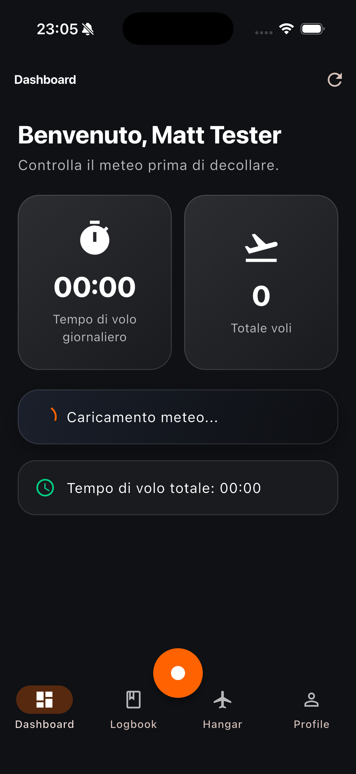 Flite Recorder dashboard showing daily flight time, total flights and weather