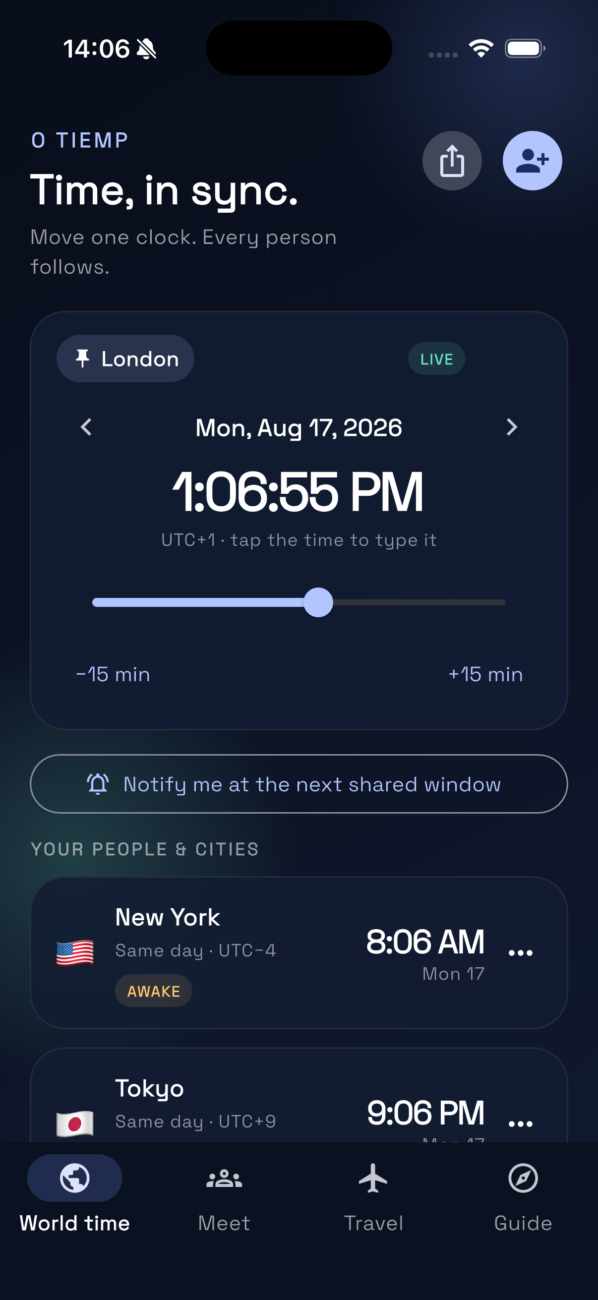 O Tiemp world time screen showing London, New York, and Tokyo in sync